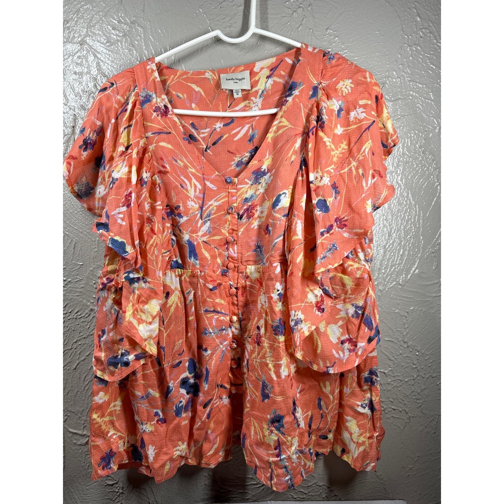 Haute Hippie Tribe Coral Orange Floral Ruffle Side Sleeveless Shirt Womens‎ SZ M